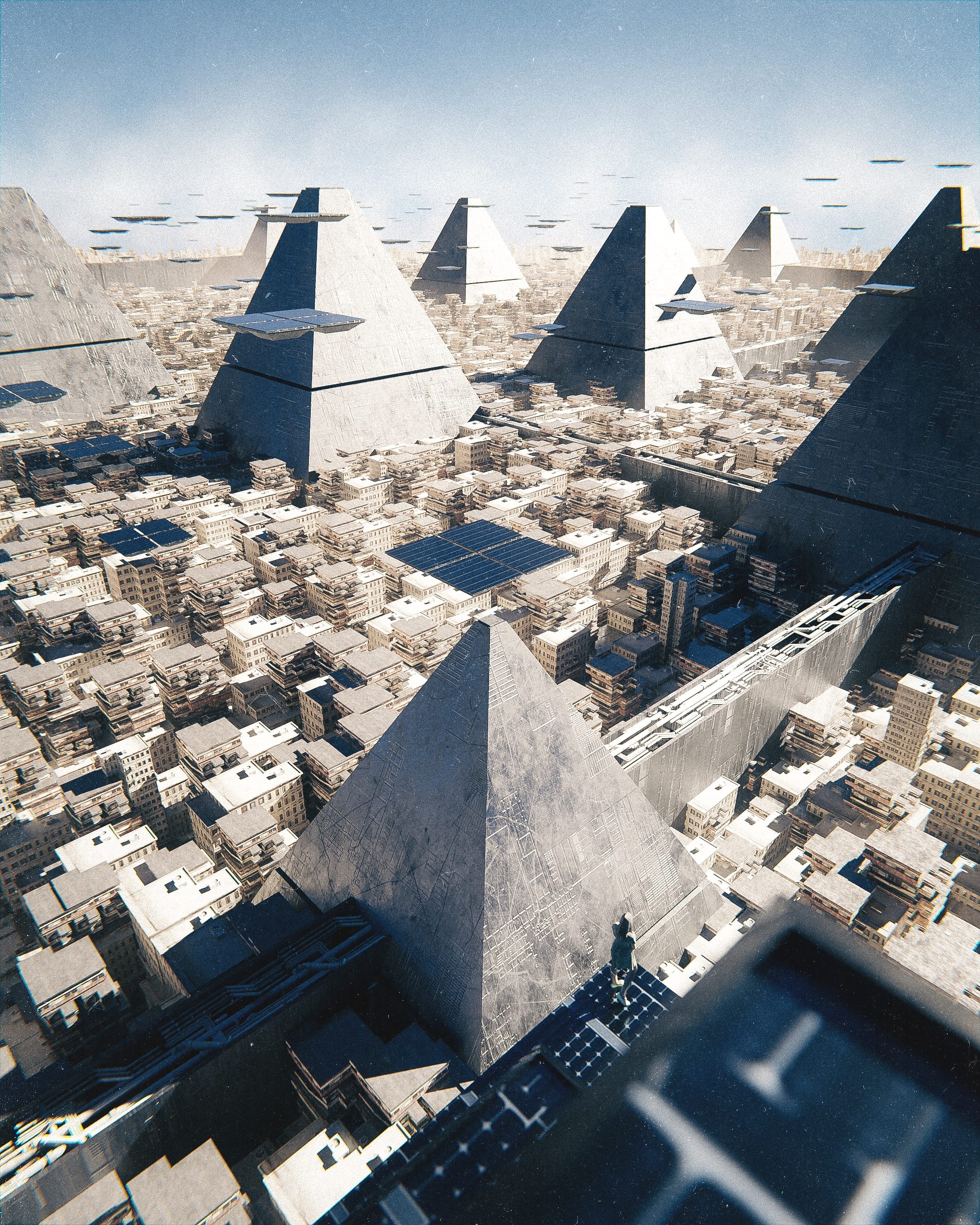 A futuristic desert city with towering pyramids and hovering platforms.